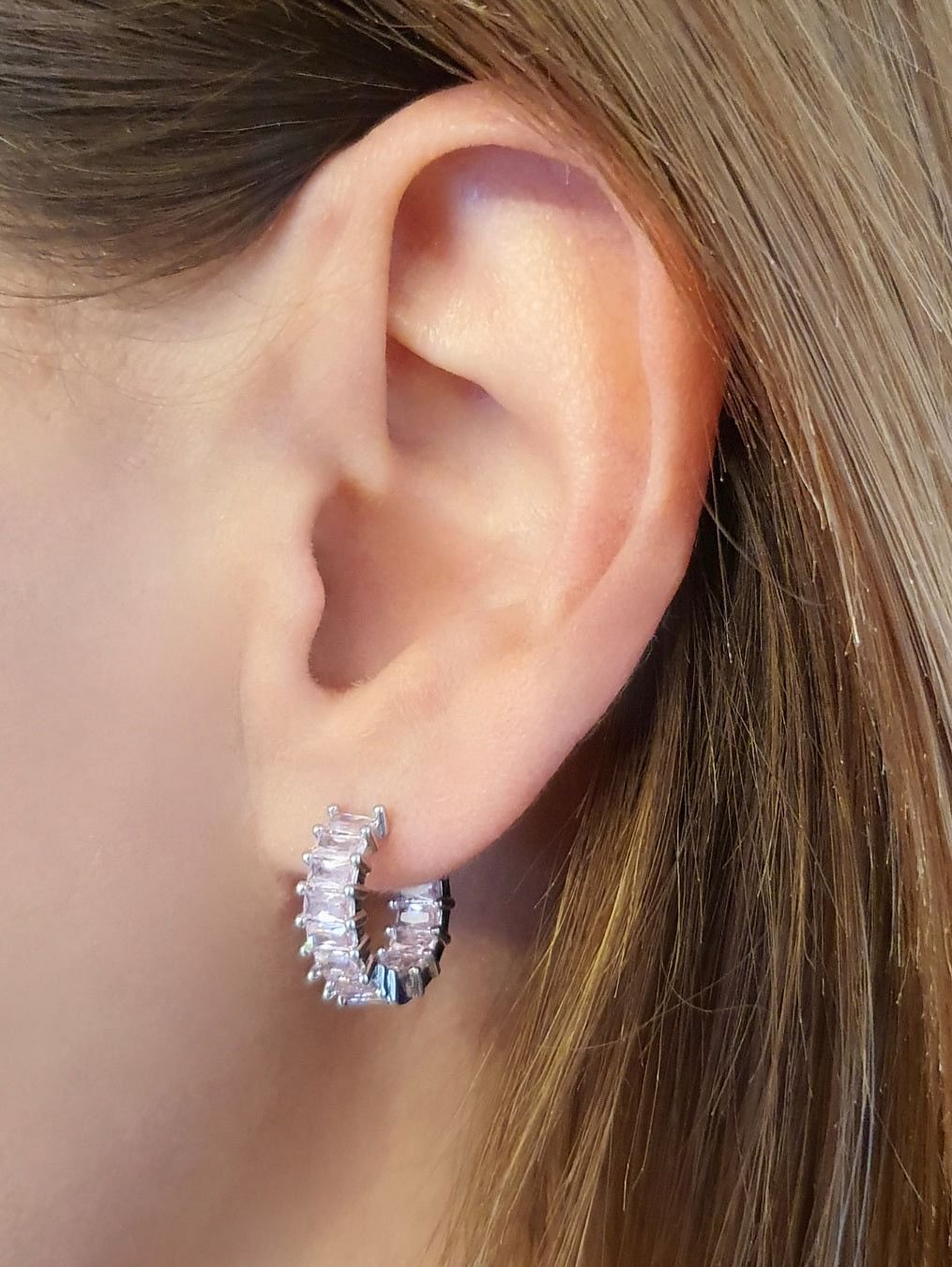 Coppia di mini hoops "Royalty" Silver con pietre rosa - 333HOPE333