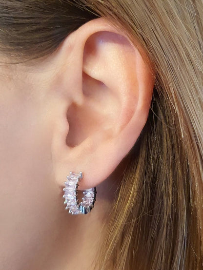 Coppia di mini hoops "Royalty" Silver con pietre rosa - 333HOPE333