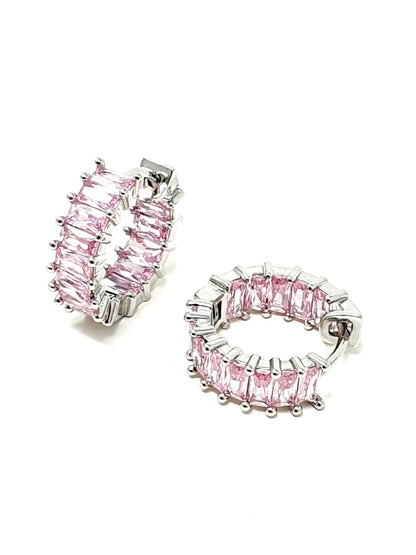 Coppia di mini hoops "Royalty" Silver con pietre rosa - 333HOPE333